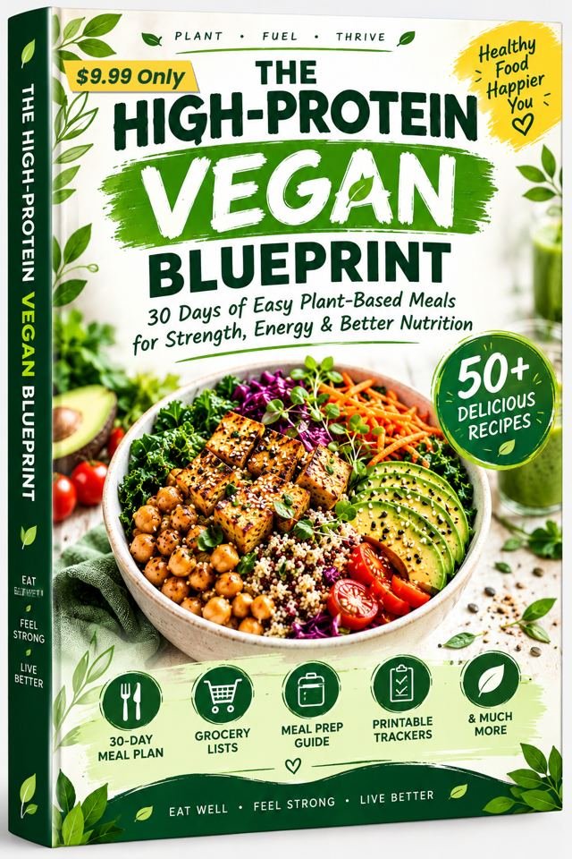 The High-Protein Vegan Blueprint ebook cover: 50 high-protein vegan recipes and 30-day meal plan